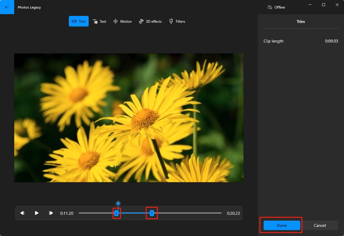 trim a video in Microsoft Photos Legacy