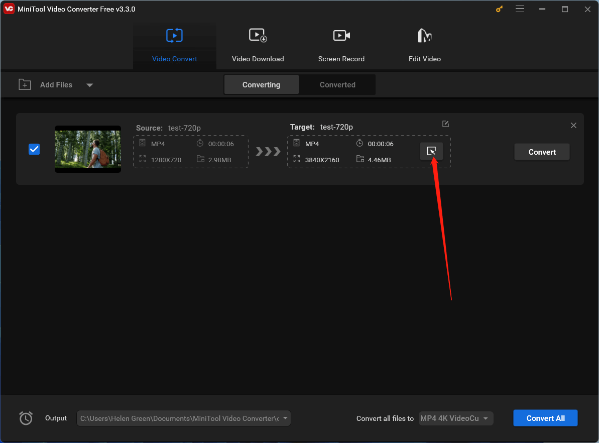 click settings for the target video