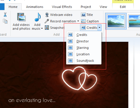 Windows Movie Maker can help add Credits, Director, Starring, Location, or Soundtrack