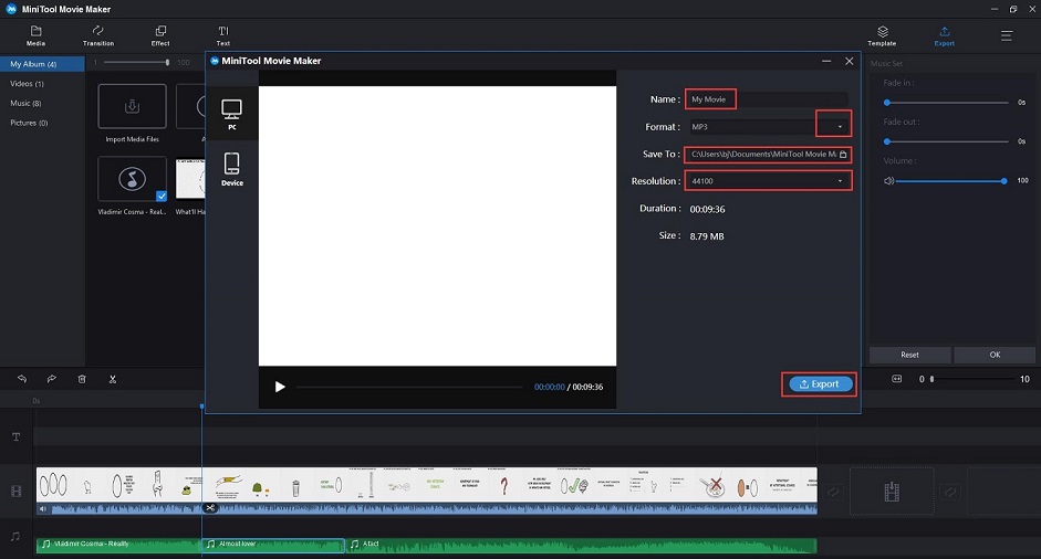 select MP3 as the output format and export