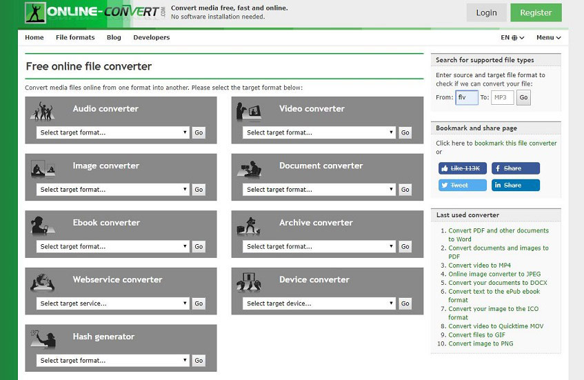 the main interface of Online Convert