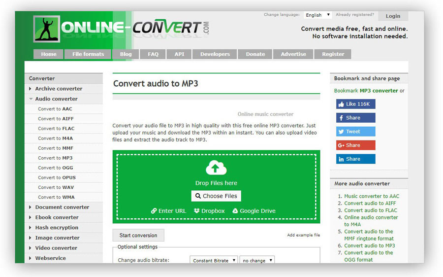 the interface of Online Convert