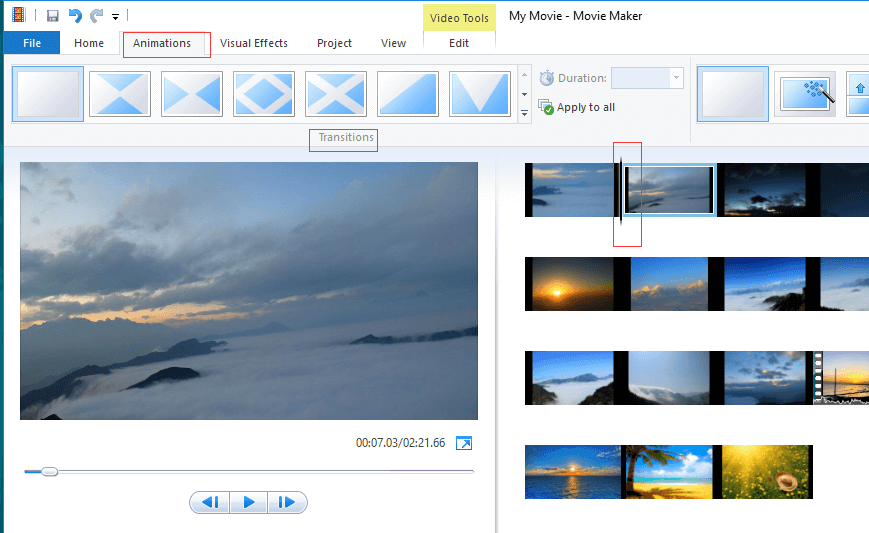add transitions to video clips