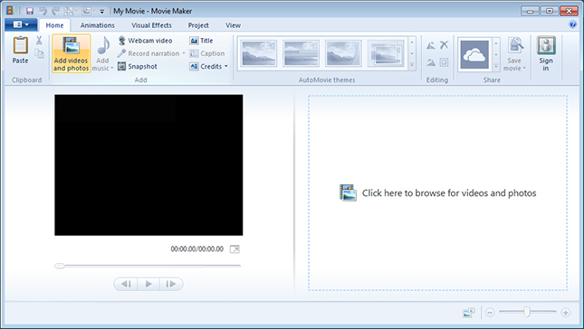 the main interface of Windows Movie Maker