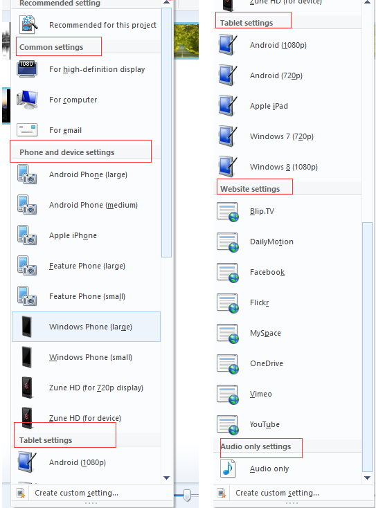  Preset Video Settings