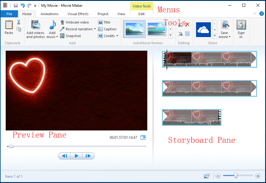 main interface of Windows Movie Maker