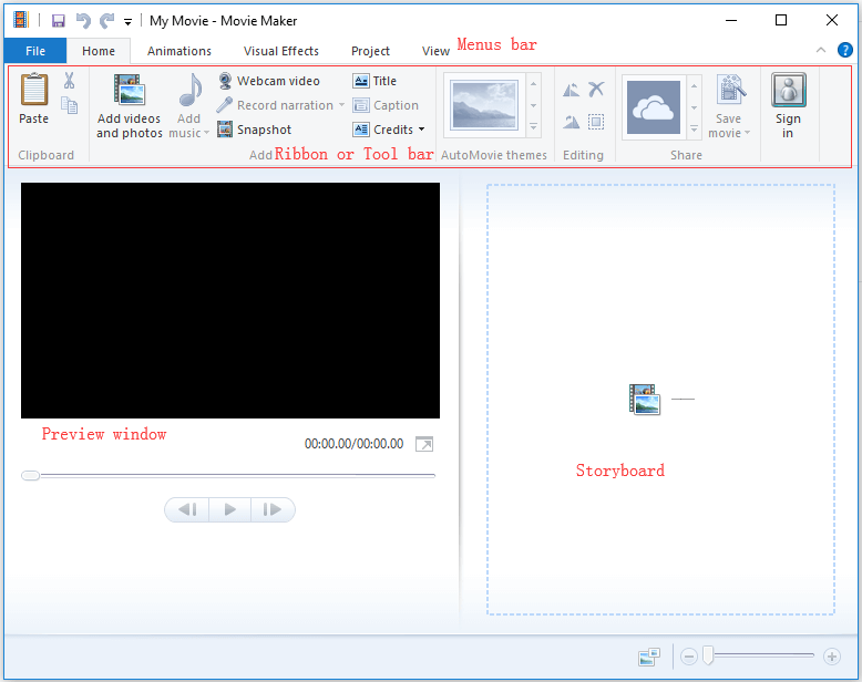 the main interface of Window Movie Maker 