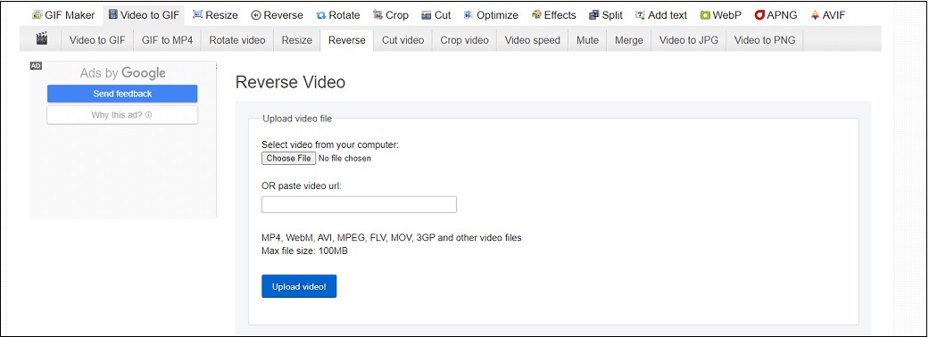 reverse video online with EZgif