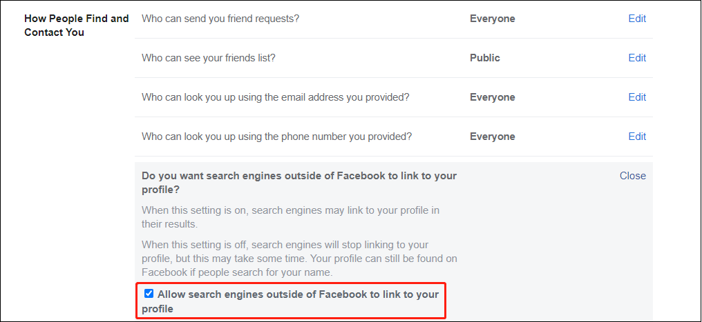 hide Facebook profile from search engines