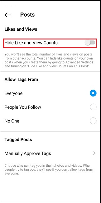 turn off likes on other people’s posts