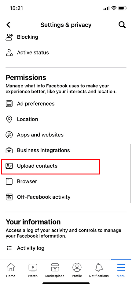 upload contacts on the Facebook app