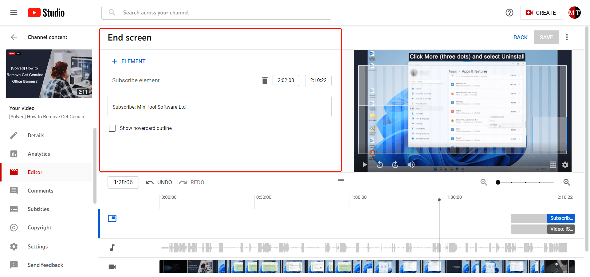 add end screen into a YouTube Video