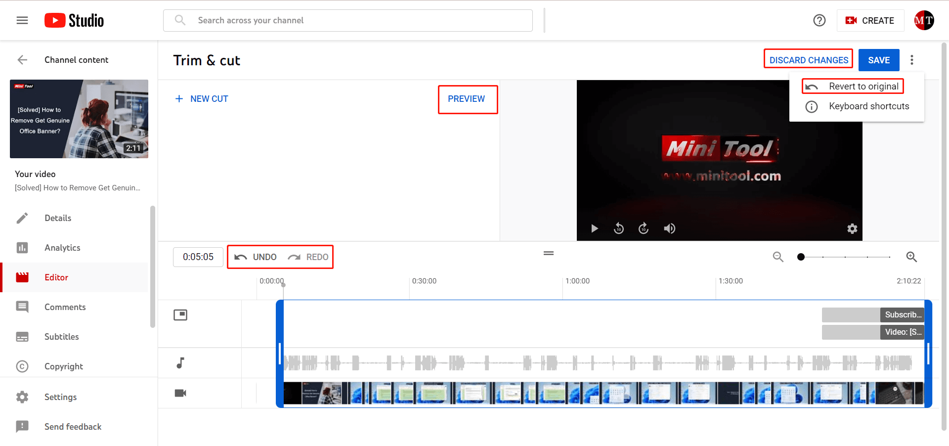 YouTube video editor additional options
