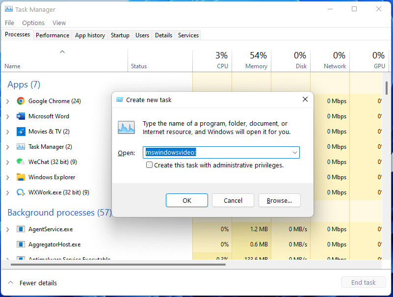 open Movies and TV in Task Manager