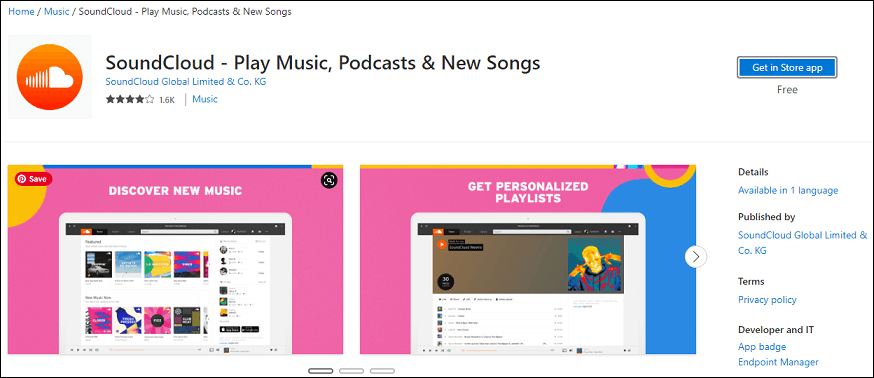 SoundCloud app in Microsoft Store