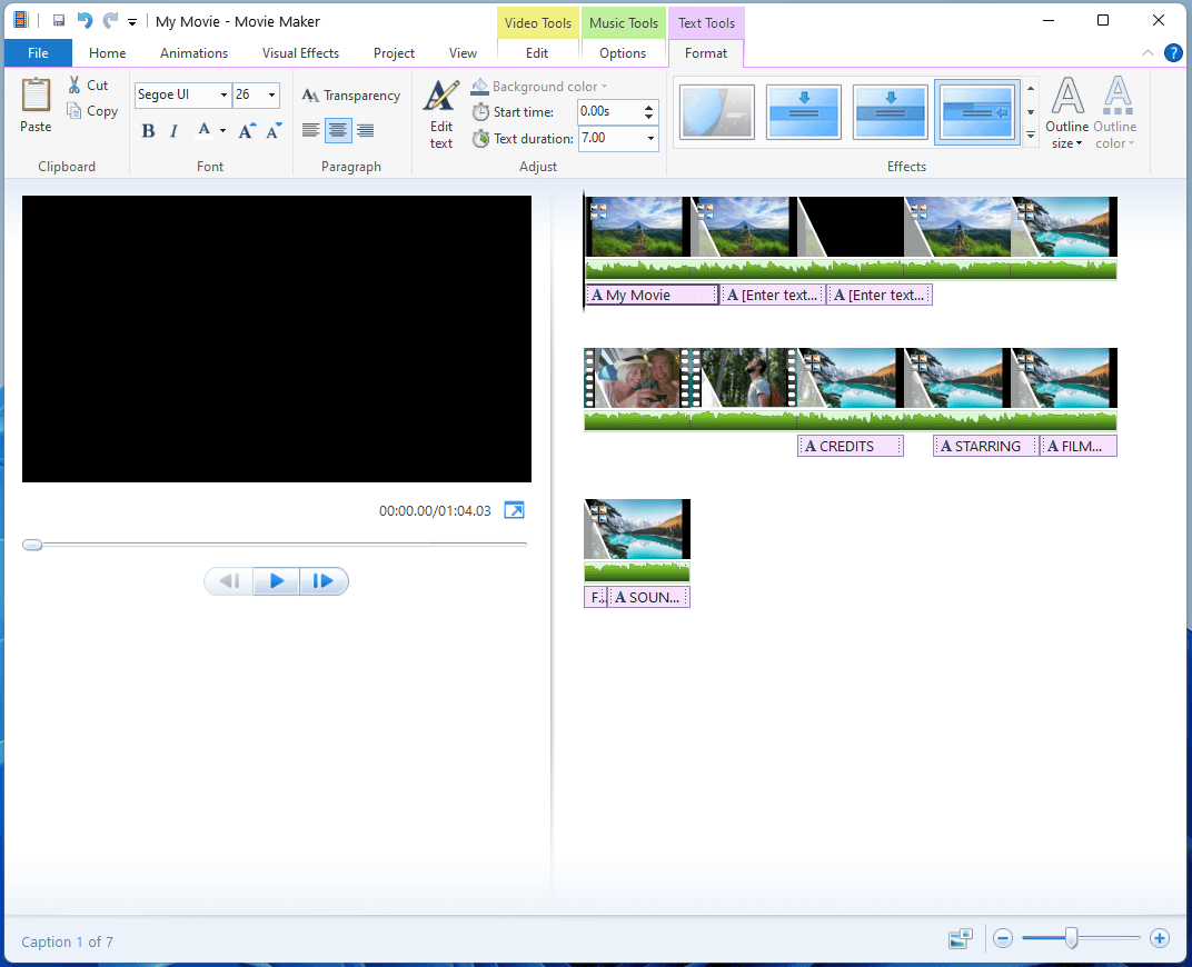 text tools in Movie Maker