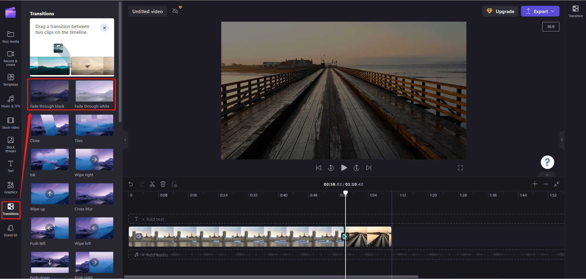 add fade transition to videos in Clipchamp