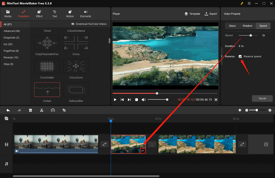 Change the video clip’s speed and reverse it