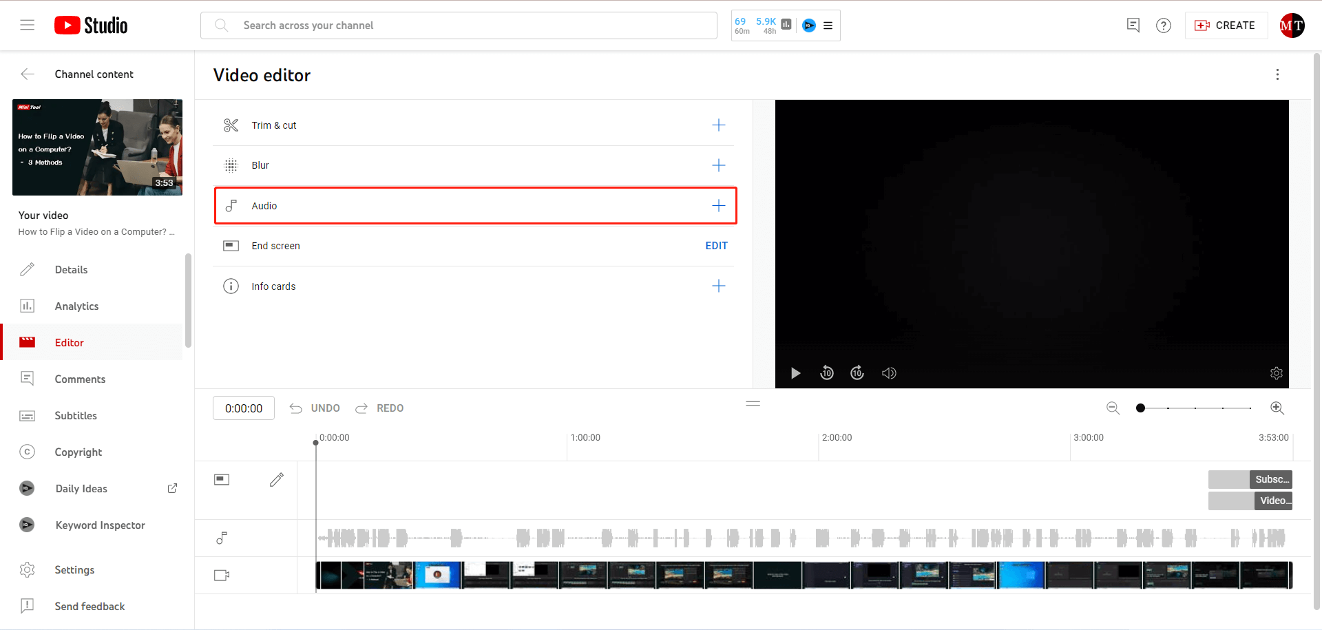 select Audio in YouTube video editor