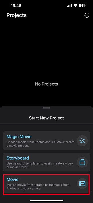 start a new movie project on iMovie