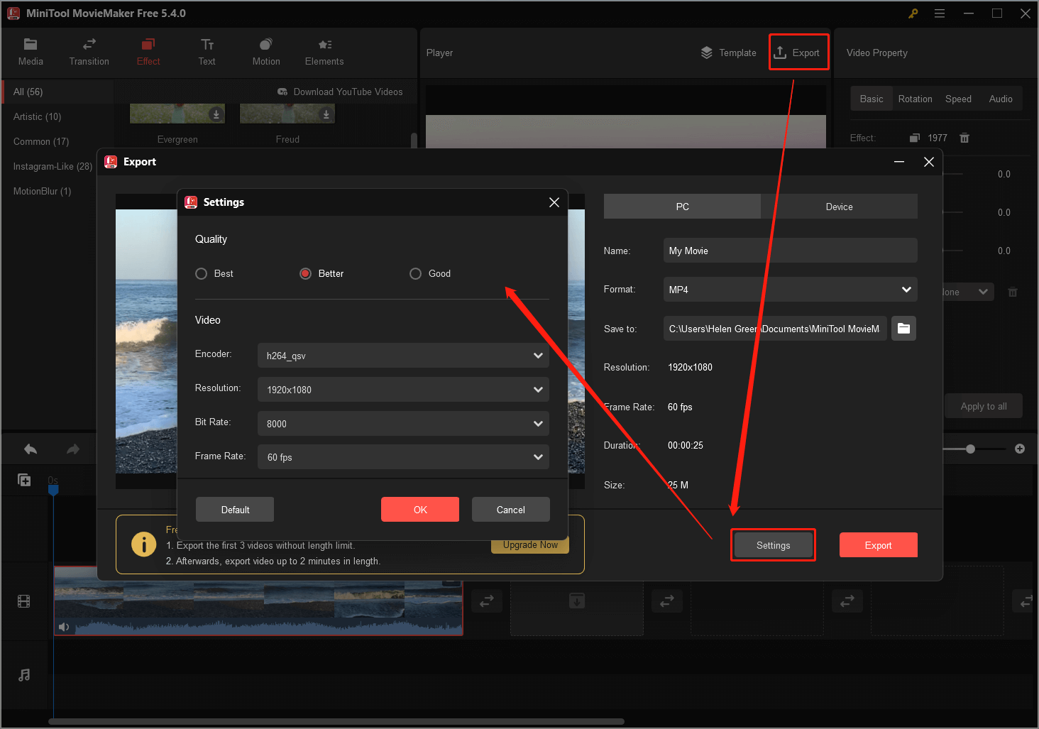 export the video with personalized settings