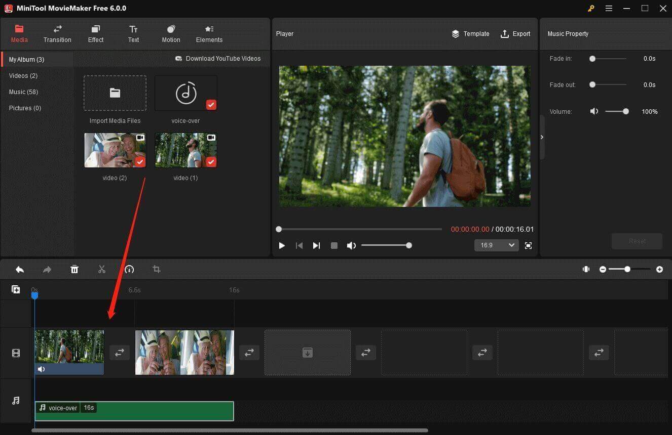 drag and drop video clips and audio to the timeline