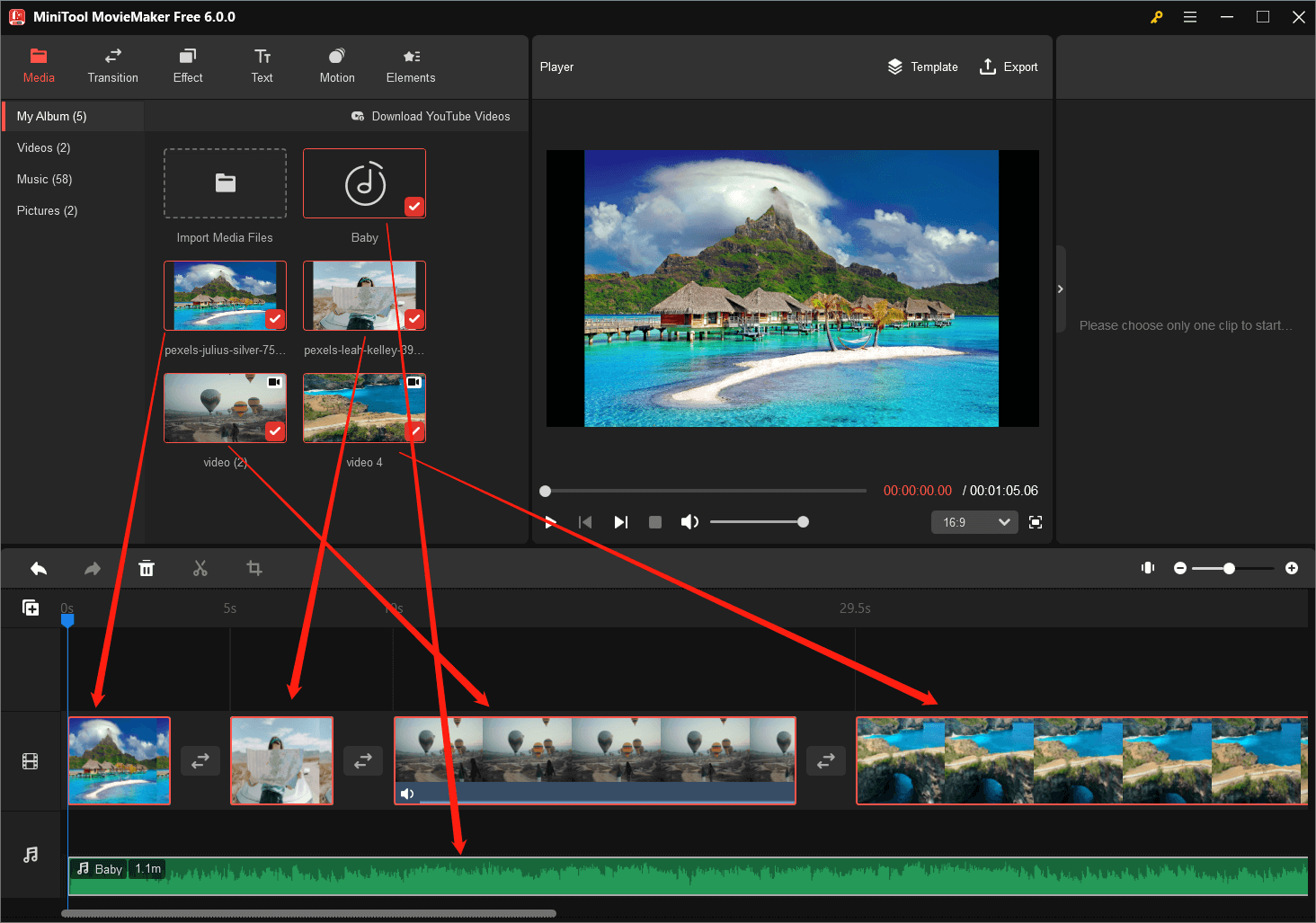 add media files to the correct timeline track