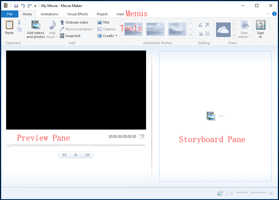 interface principale de Windows Movie Maker