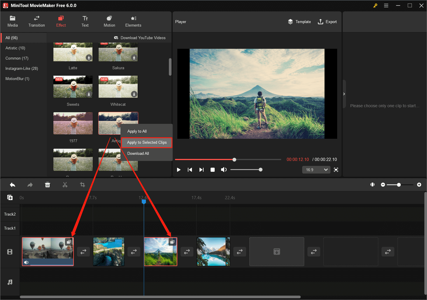 apply the same effect to selected clips