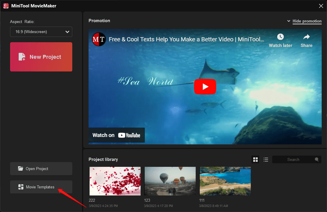 select movie templates in project library window