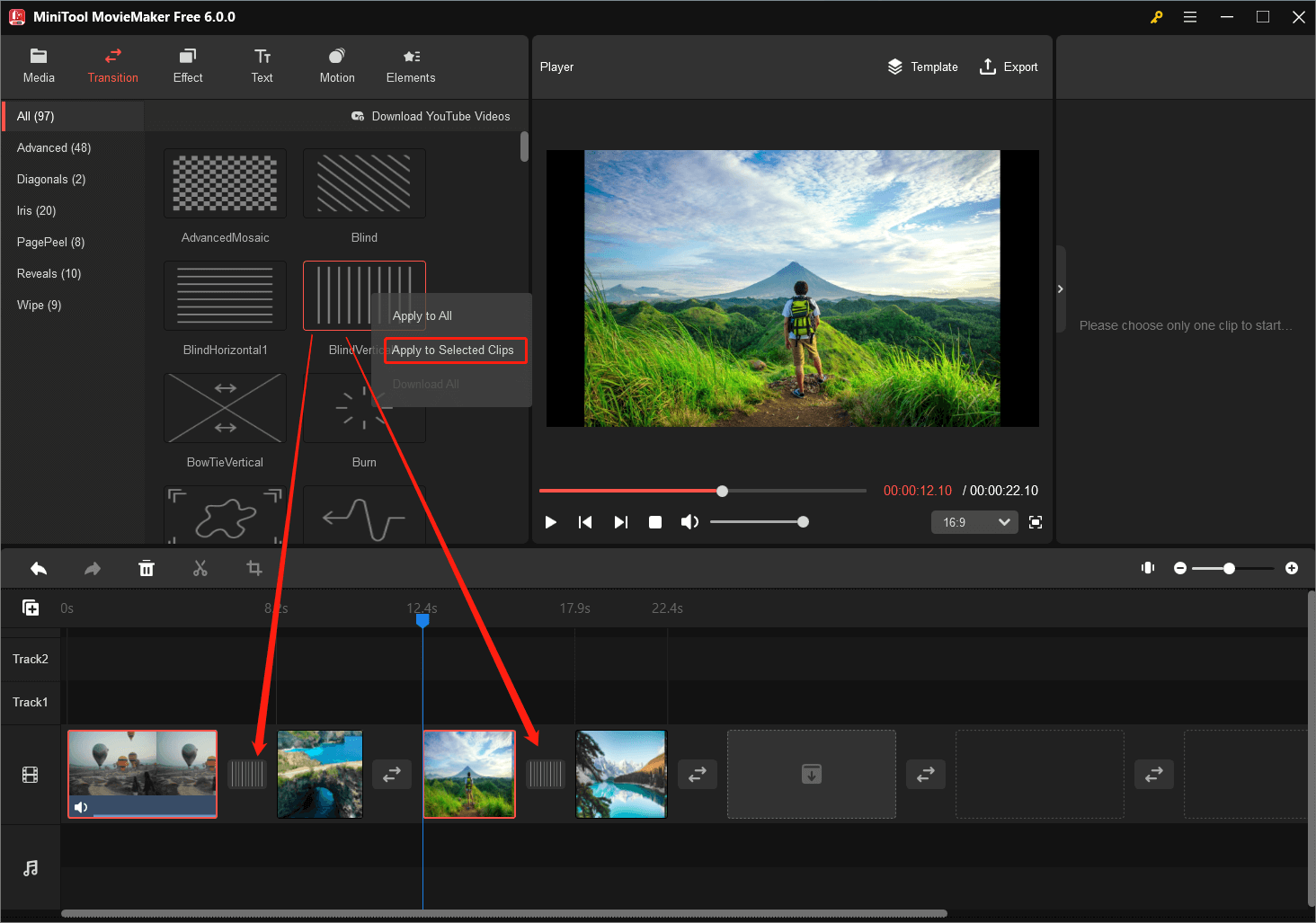 apply a transition to selected clips